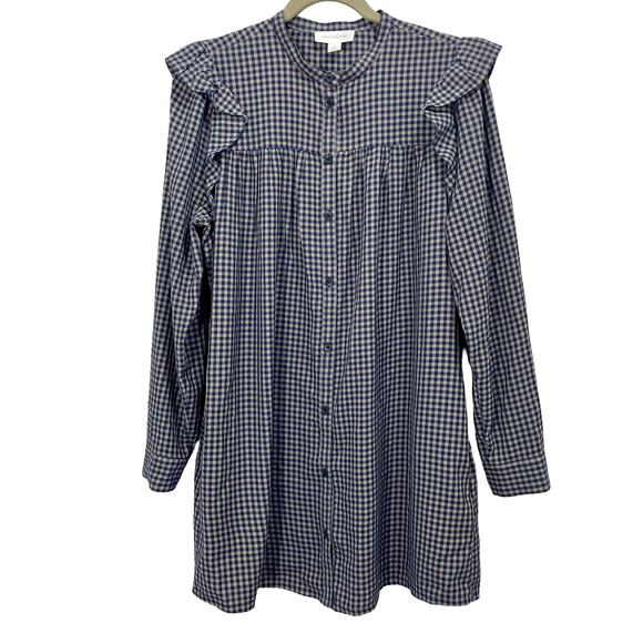 Treasure & Bond Blue Gray Plaid Button Up Long Sleeve Babydoll Dress Ruffle - Picture 1 of 9